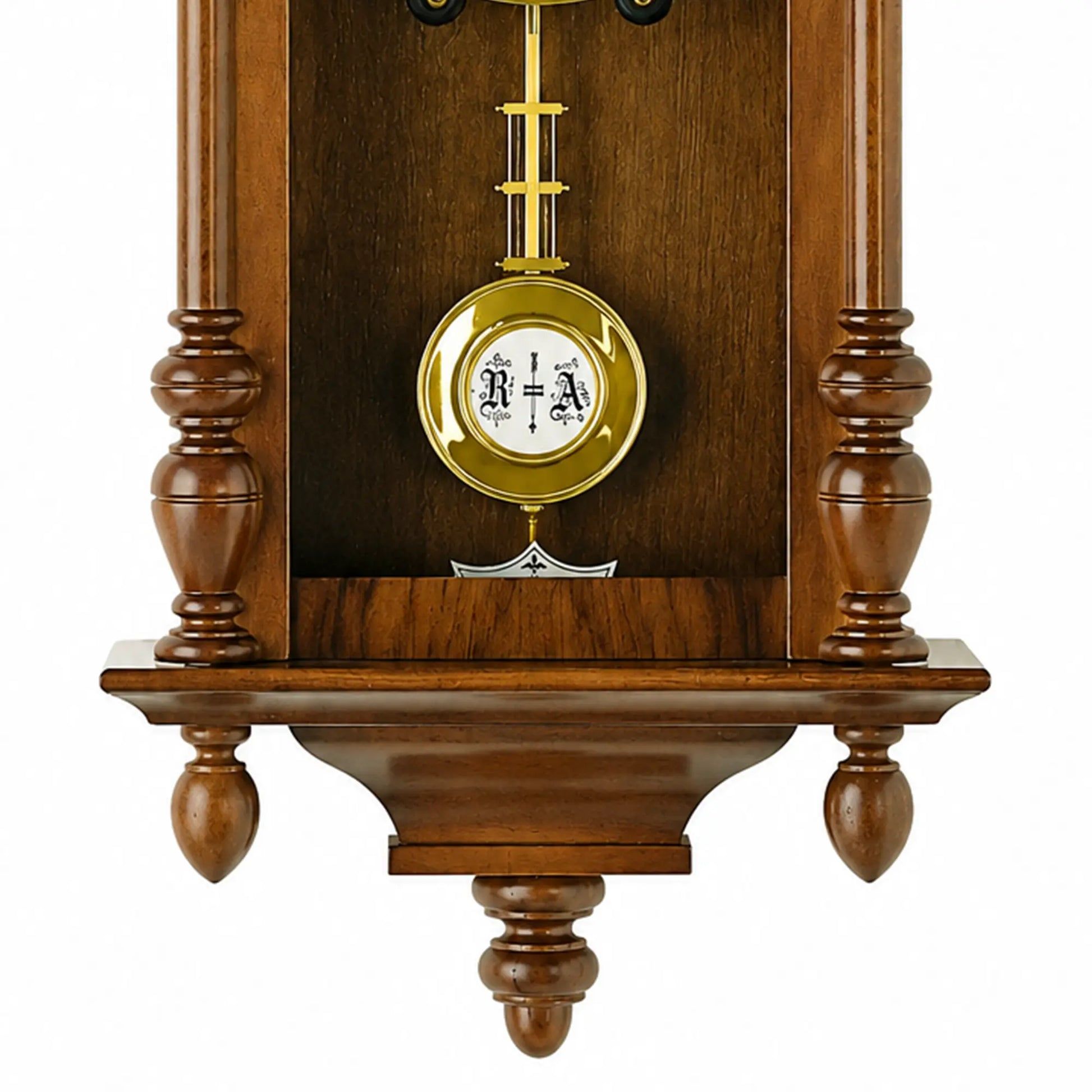 Mechanische Wanduhr aus Nussbaumholz mit goldenem Pendel und runder Pendelanzeige