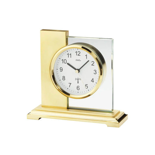 Goldene Tischuhr mit weißem Ziffernblatt, Funk-Symbol und Mineralglas