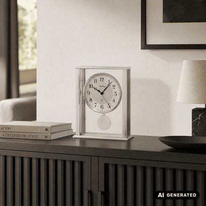AMS Biel F5190 Tischuhr Silber • Funkwerk mit Pendel • Mineralglas