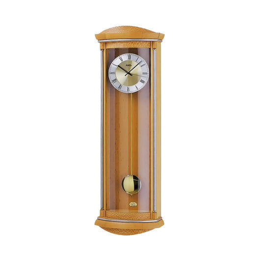 Pendel-Wanduhr aus hellem Holz mit Wurzelholz-Finish, römischem Zifferblatt und Glasfront