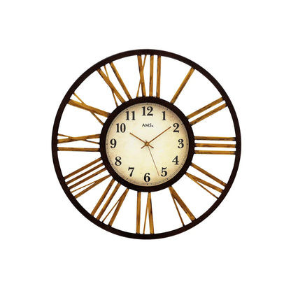 Runde Wanduhr mit braunem Metallrahmen, beigem Zifferblatt und goldenen Strahlen