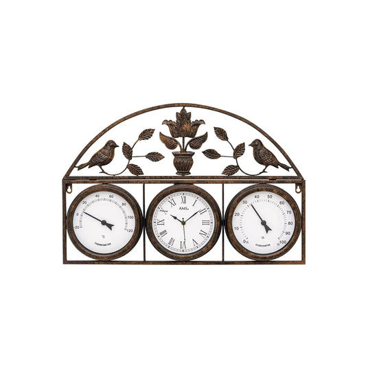 Wanduhr mit drei Uhren, Vogel- und Blattdekor über den Zifferblättern, antik