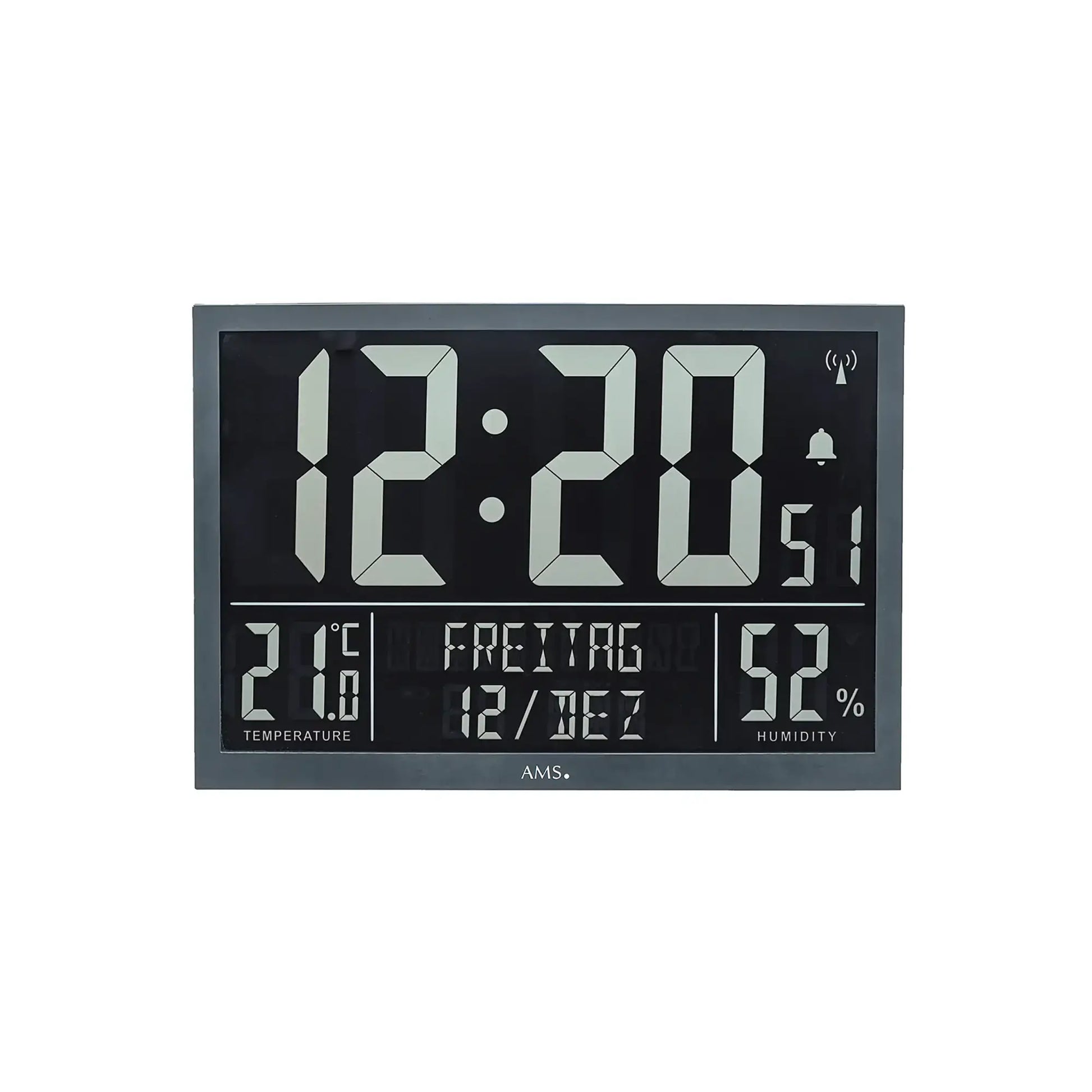 Wanduhr mit LCD-Display, zeigt 12:20, Temperatur 7°C und 52% Luftfeuchte.