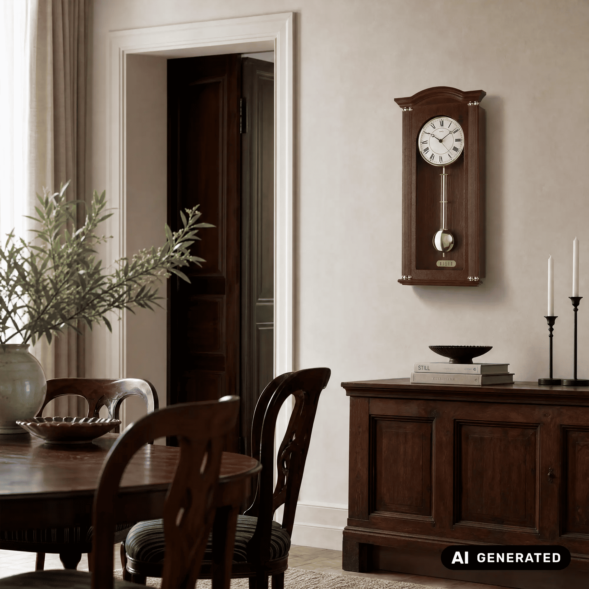 Wanduhr-Pendeluhr aus Nussbaumholz mit rundem Zifferblatt und Messingpendel