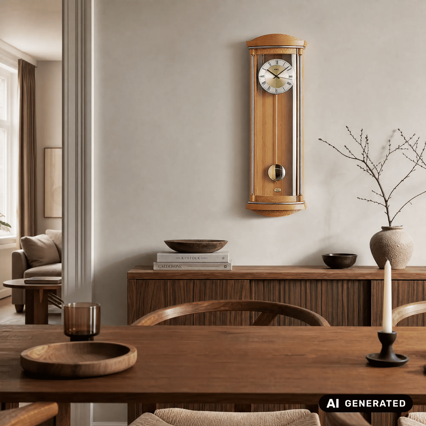 Pendel-Wanduhr aus hellem Holz mit Wurzelholz-Finish, Glasfront und römischem Zifferblatt