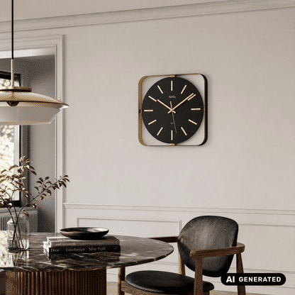 Funkwanduhr an der Wand: quadratischer Metallrahmen, schwarzes Zifferblatt, goldene Zeiger