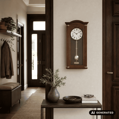 Wanduhr-Pendeluhr in Nussbaumholzoptik mit römischen Ziffern und Messingpendel