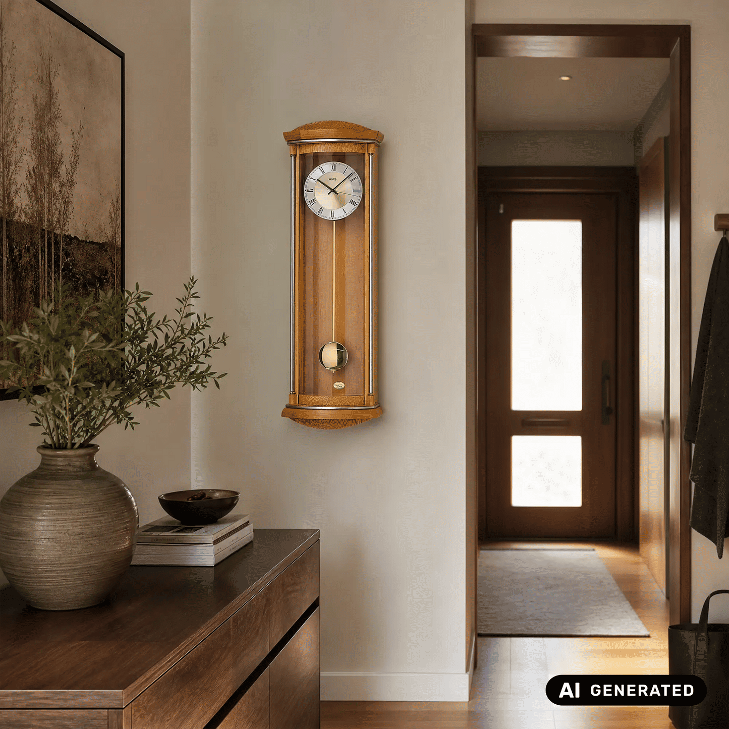 Pendel-Wanduhr aus hellem Holz mit Wurzelholz-Finish, rundes Uhrglas und römische Ziffern