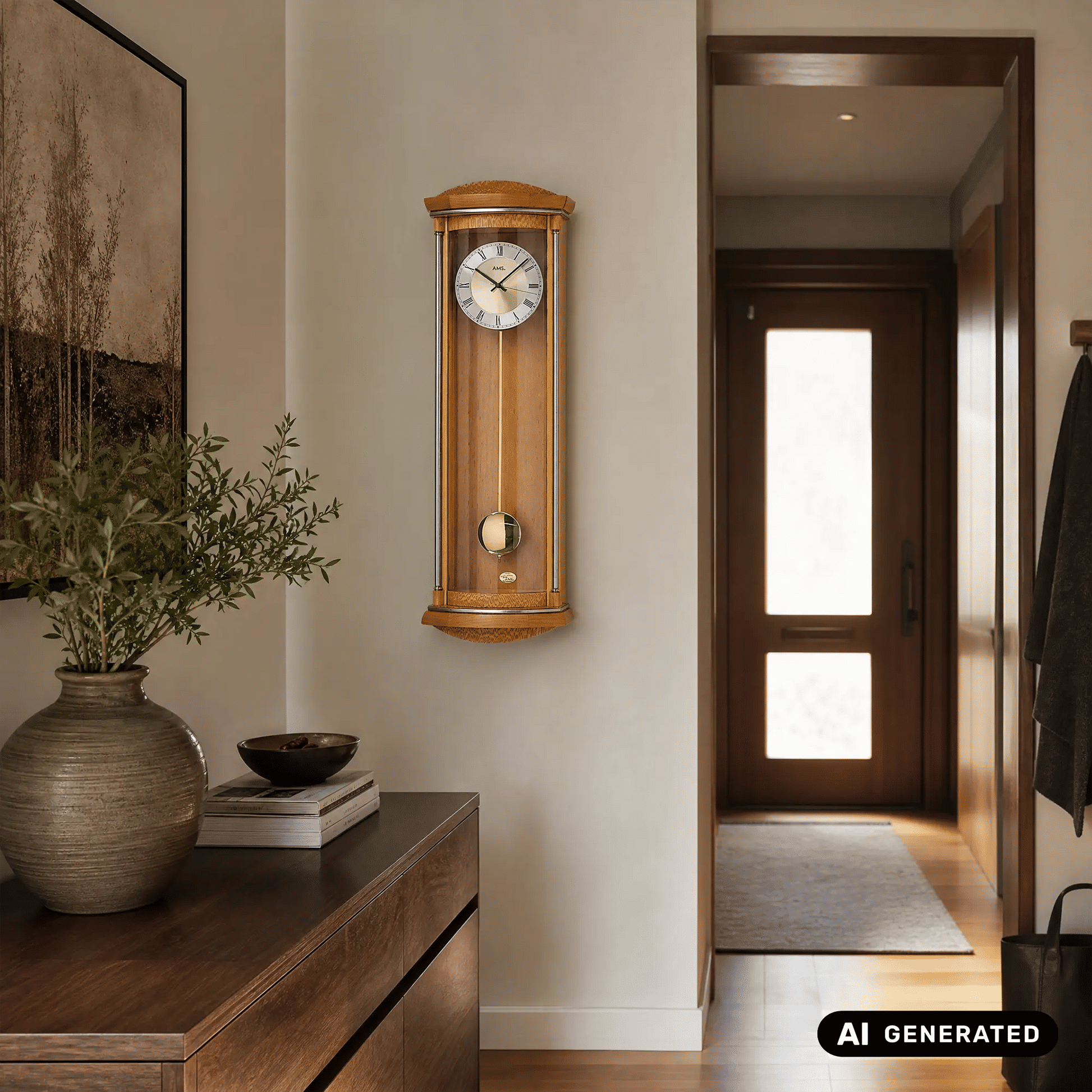 Pendel-Wanduhr aus hellem Holz mit Wurzelholz-Finish, rundes Uhrglas und römische Ziffern