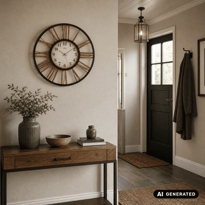 Wanduhr an der Wand mit dunklem Metallrand, beigem Zifferblatt und goldenen Strahlen