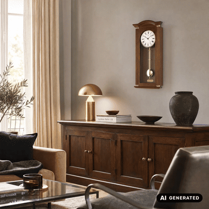 Wanduhr-Pendeluhr aus Nussbaumholz mit sichtbarem Messingpendel und römischen Ziffern