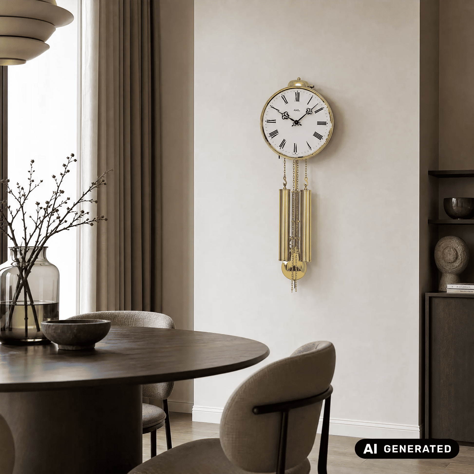 Wanduhr mit rundem Zifferblatt, goldfarbenen Gewichten und Kettenzug an der Wand