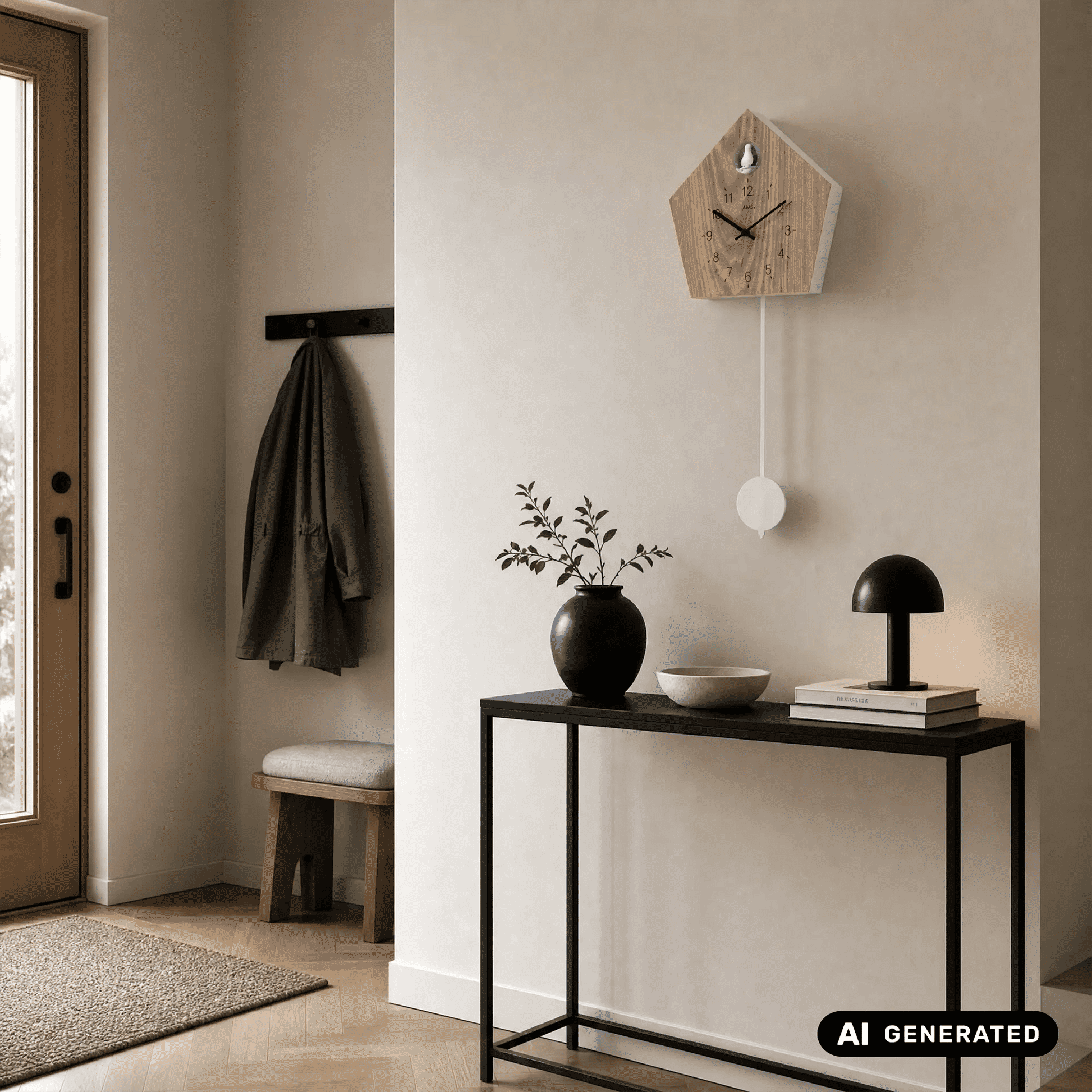 Wanduhr im Holzhaus-Design mit schwarzen Zeigern und hängendem weißem Kugelpendel