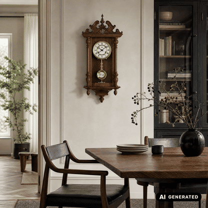 Wanduhr aus Nussbaumholz an der Wand mit weißem Zifferblatt und rundem Pendel