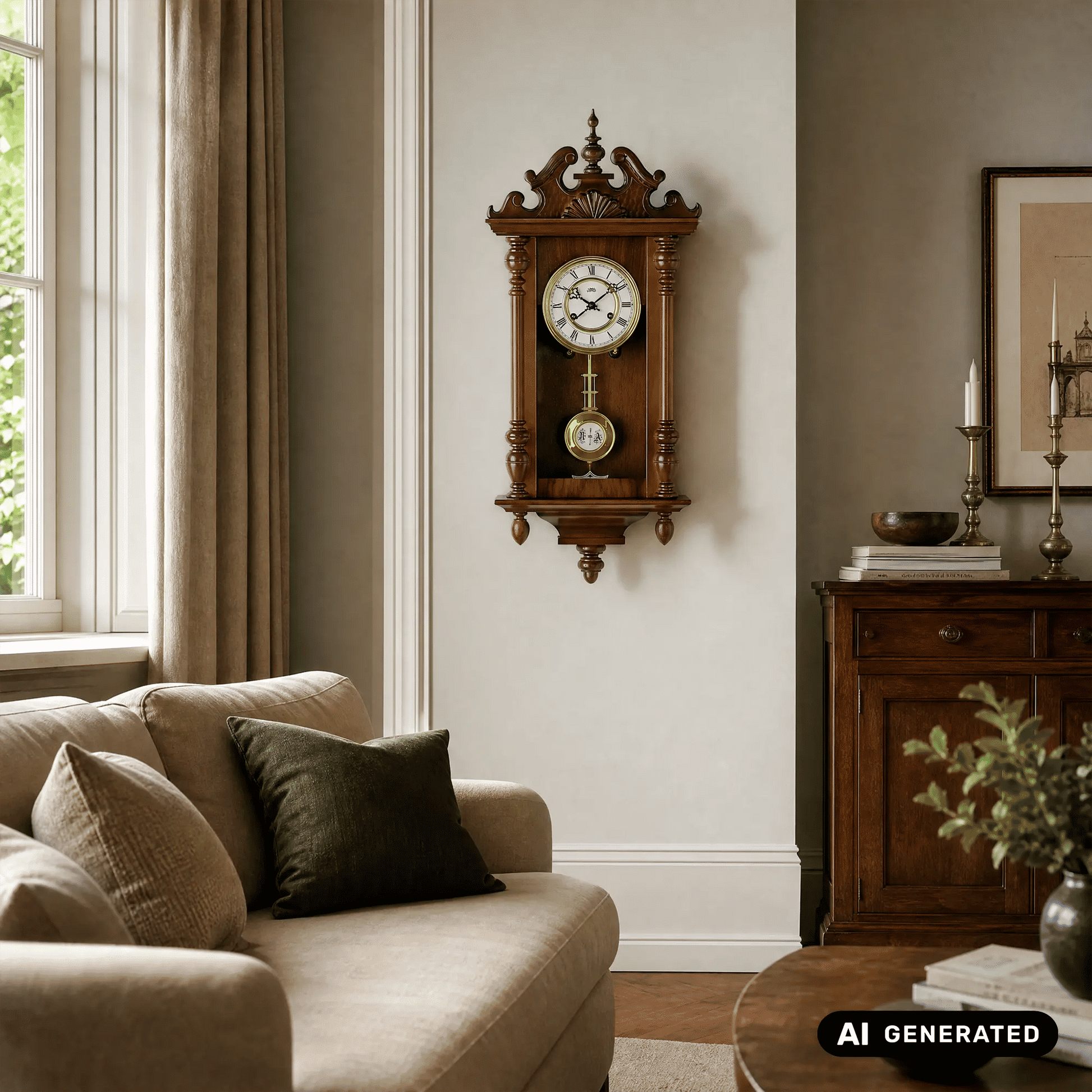 Wanduhr aus Nussbaumholz an der Wand mit weißem Zifferblatt und rundem Pendel
