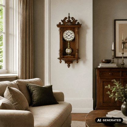 Wanduhr aus Nussbaumholz an der Wand mit weißem Zifferblatt und rundem Pendel