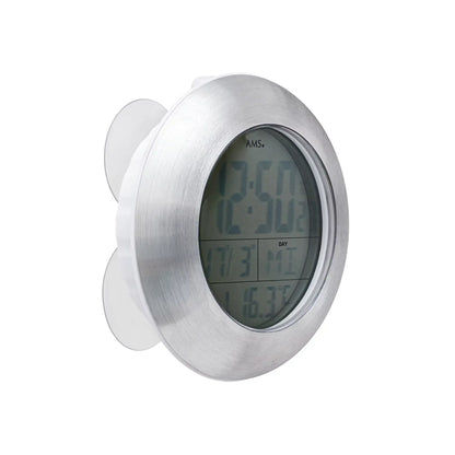 Runde Funk-Wanduhr mit LCD-Display und Thermometer, Aluminiumgehäuse