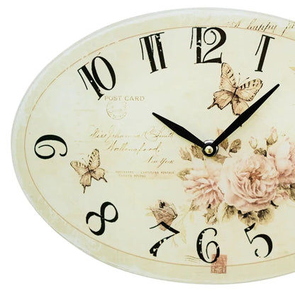 Runde Wanduhr mit cremefarbenem Zifferblatt, schwarzen Zeigern und Blumenmotiven