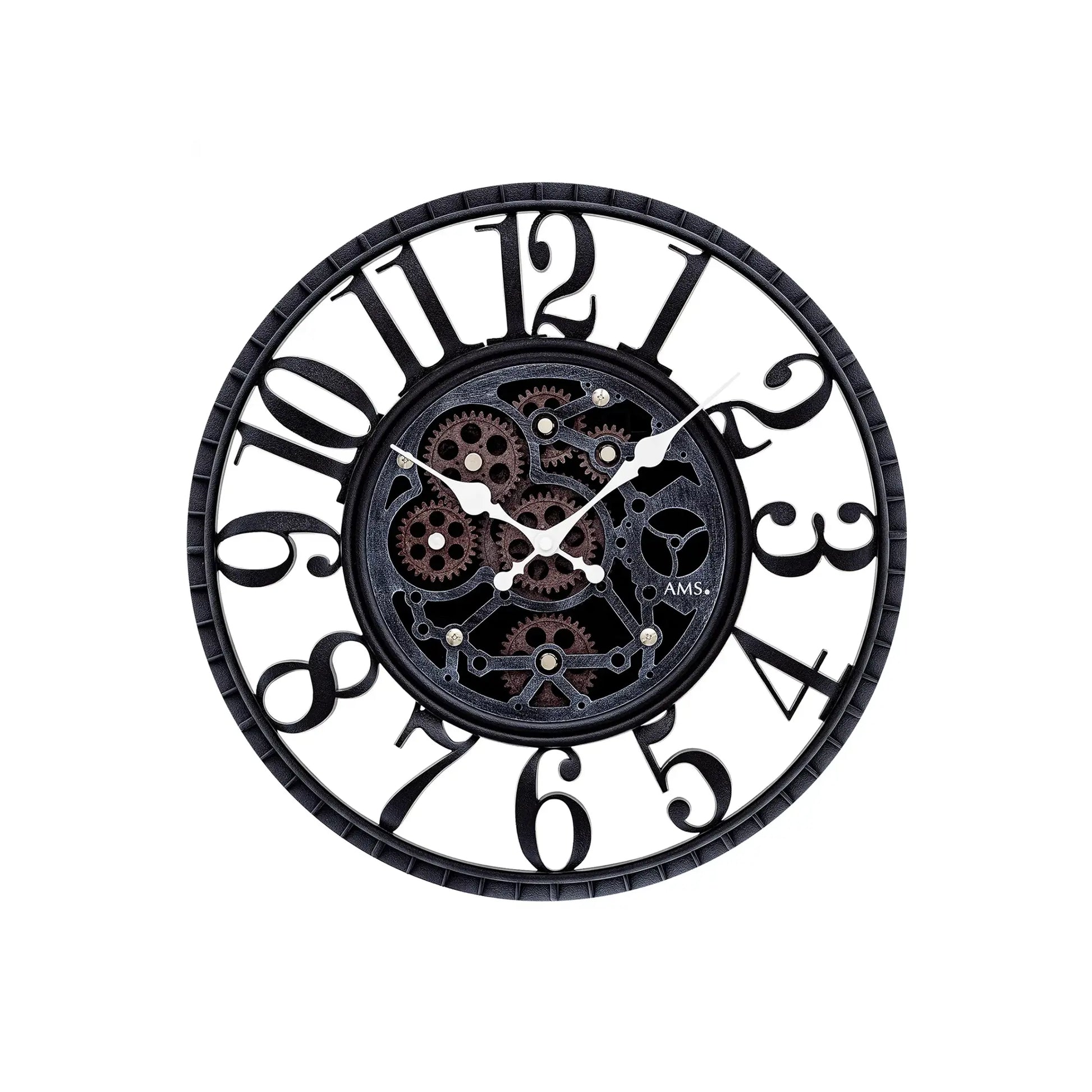 Wanduhr mit römischen Ziffern und sichtbarer Zahnrad-Mechanik in Antik-Optik