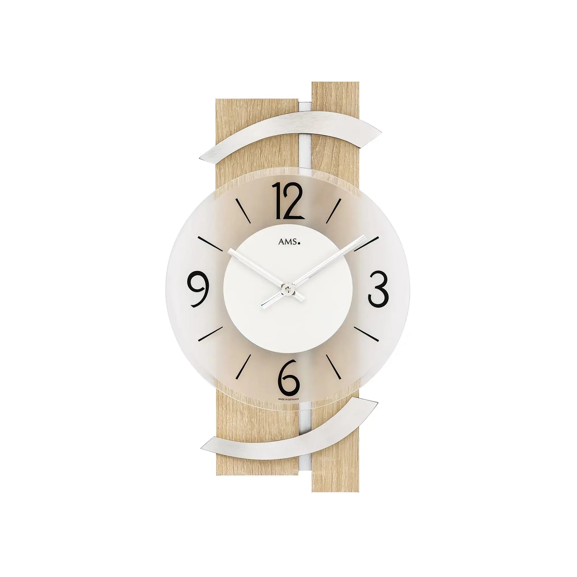 Wanduhr mit weißem Zifferblatt, schwarzen Zahlen und Holz- sowie Alurahmen, Uhrzeiger