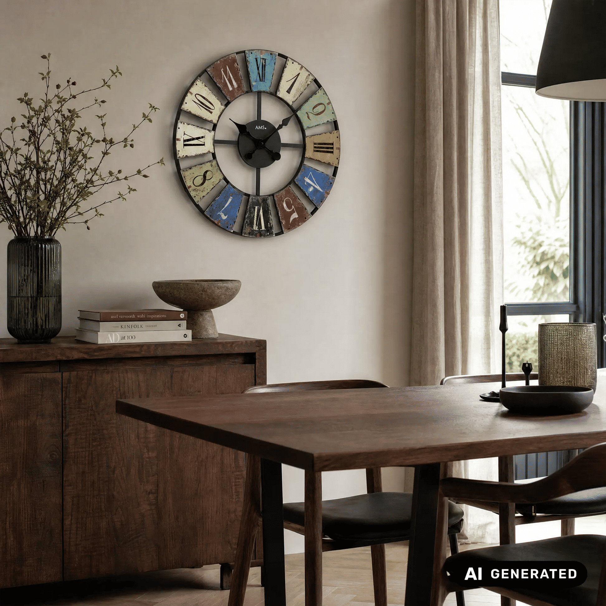 An der Wand montierte Retro-Wanduhr mit farbigem Ziffernring und schwarzen Zeigern