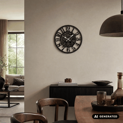 Wanduhr an der Wand mit sichtbaren Zahnrädern und römischen Ziffern
