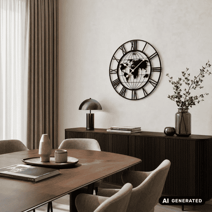 Wanduhr an der Wand mit Weltkarten-Motiv, schwarzem Rahmen und goldfarbenen Zeigern