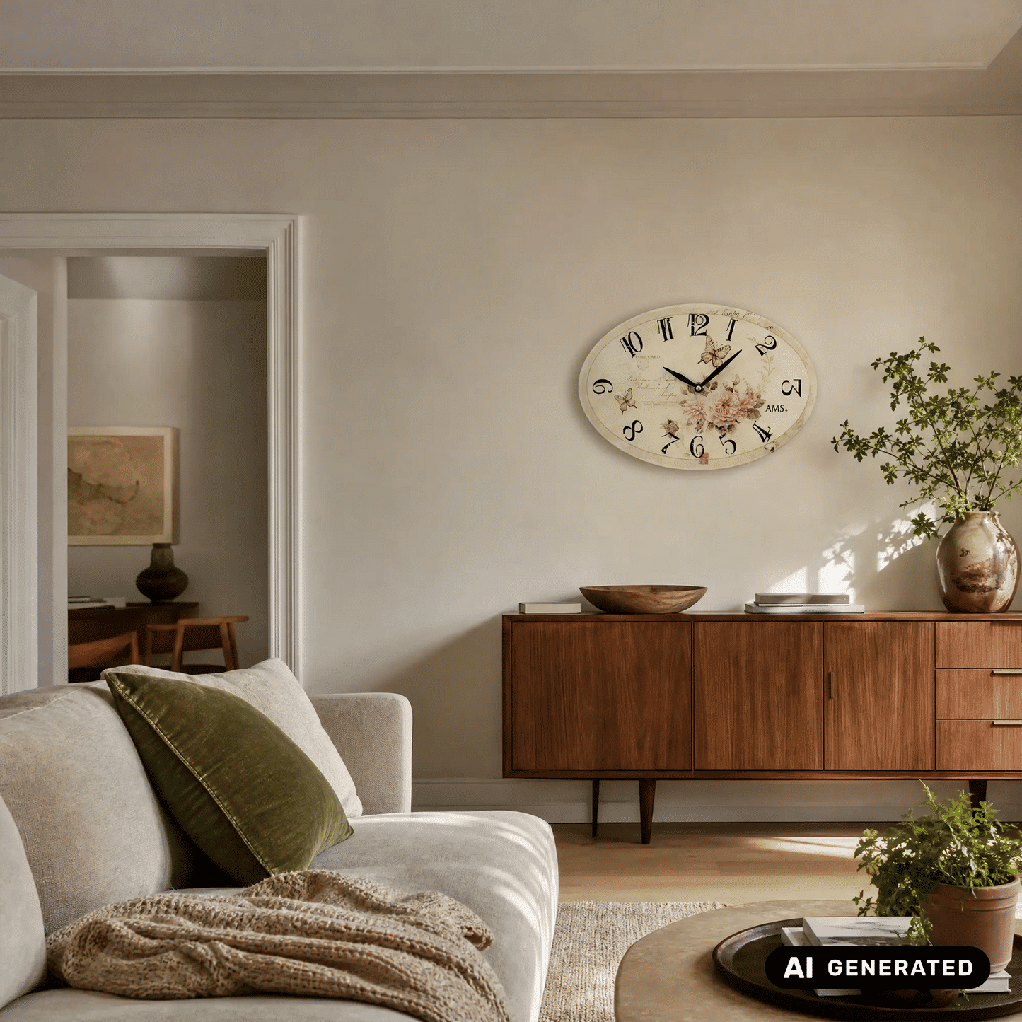 Runde Wanduhr an der Wand, cremefarbenes Zifferblatt mit Blumen und Schmetterlingen