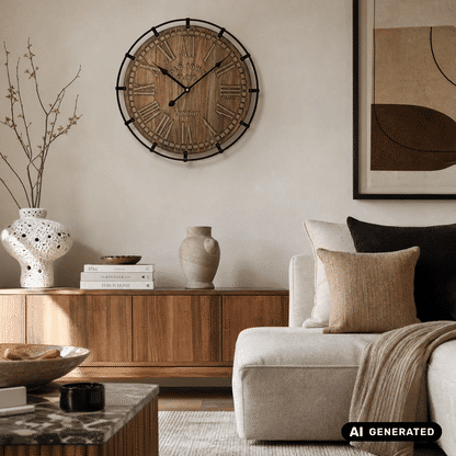 Wanduhr rund an der Wand mit Holz-Zifferblatt, römischen Zahlen und schwarz eingefasstem Rahmen