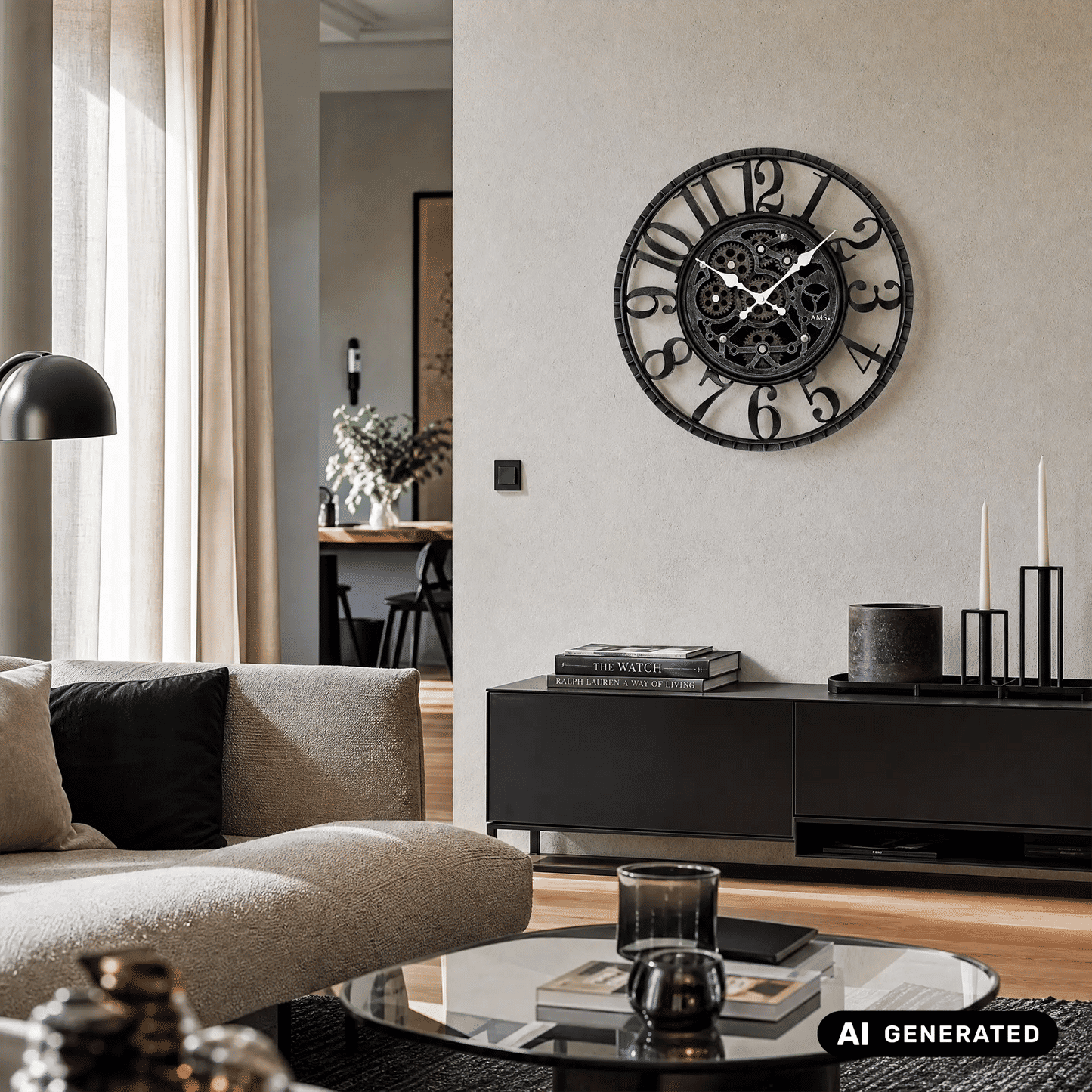 Wanduhr an der Wand mit runder Ziffernfläche und sichtbarer Zahnrad-Mechanik