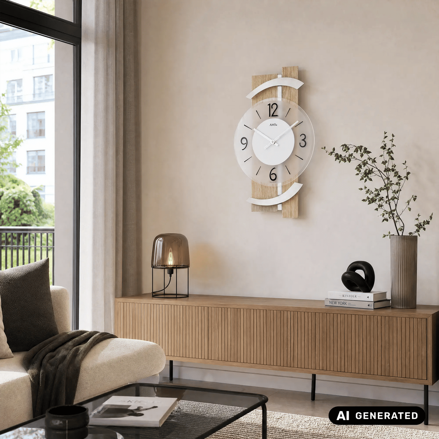 Wanduhr mit Holz- und Metallakzenten, weißem Zifferblatt, schwarzen Zahlen und Zeigern