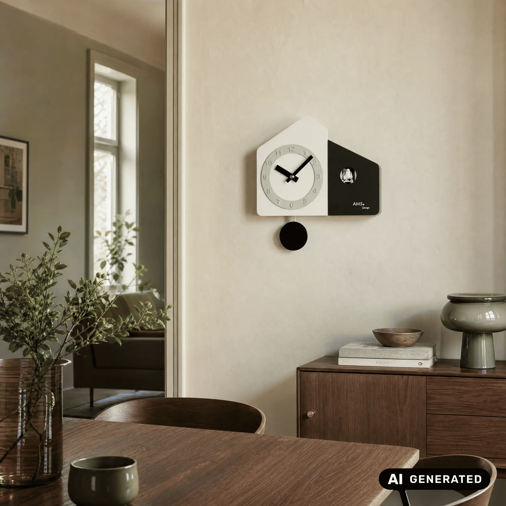 Zweifarbige Wanduhr an der Wand mit hellem Zifferblatt, schwarzen Zeigern und Pendel