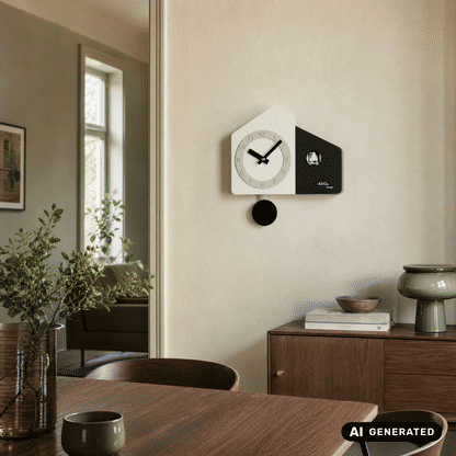 Zweifarbige Wanduhr an der Wand mit hellem Zifferblatt, schwarzen Zeigern und Pendel