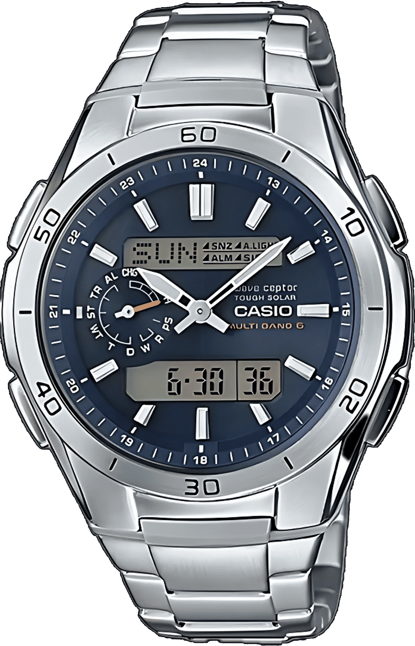 Casio Herrenarmbanduhr mit Edelstahlband, blauem Zifferblatt und Digitalanzeige