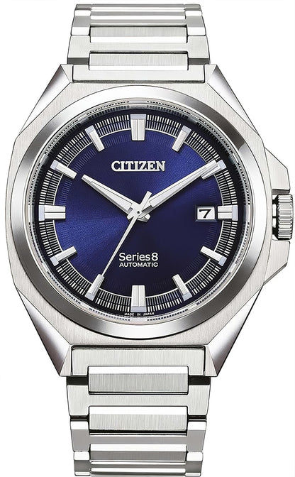 CITIZEN Herrenarmbanduhr mit silbernem Metallband und blauem Zifferblatt, Datum bei 7