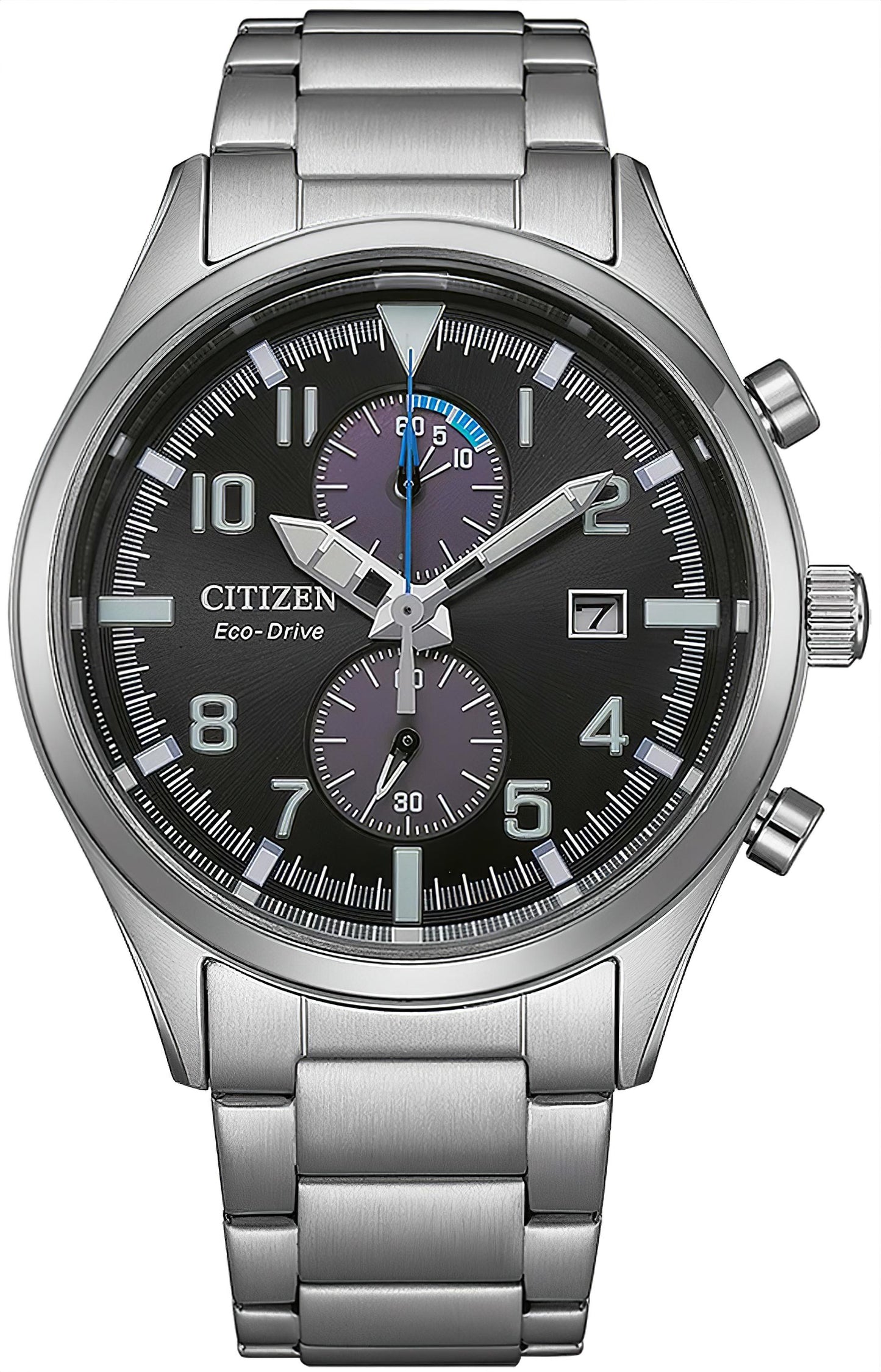 Citizen Sport Herrenuhr mit Chronograph, schwarzem Zifferblatt, Stahlband und Datumsanzeige