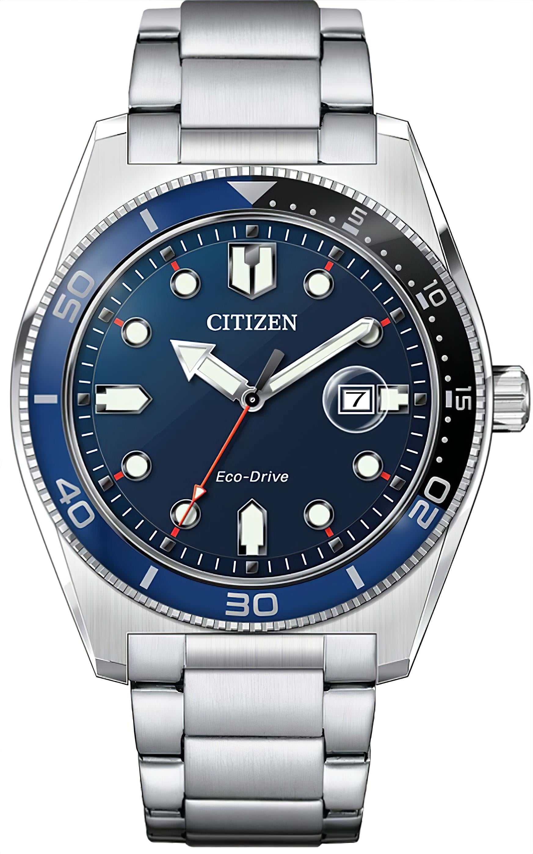 Citizen Eco-Drive Herrenuhr mit blauem Zifferblatt, Stahlband und einseitiger Lünette