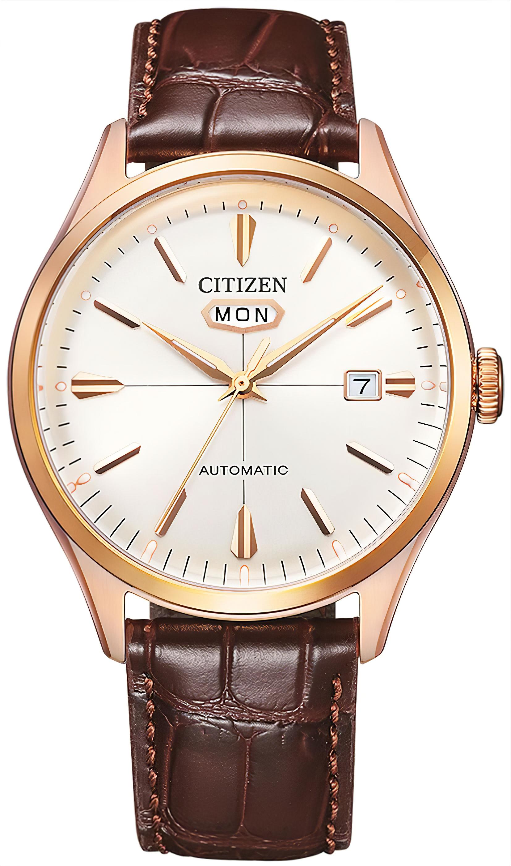Citizen C7 Herrenuhr mit Automatik, weißem Zifferblatt und braunem Lederarmband