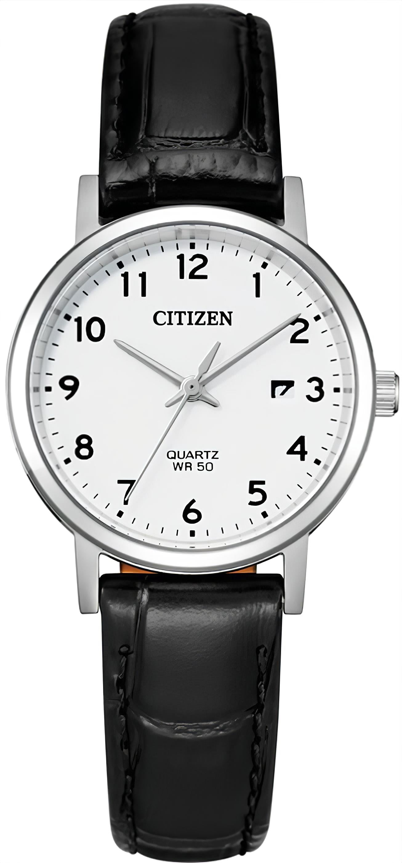 Damenarmbanduhr mit schwarzem Lederarmband, silbernem Gehäuse und weißem Zifferblatt (Citizen)