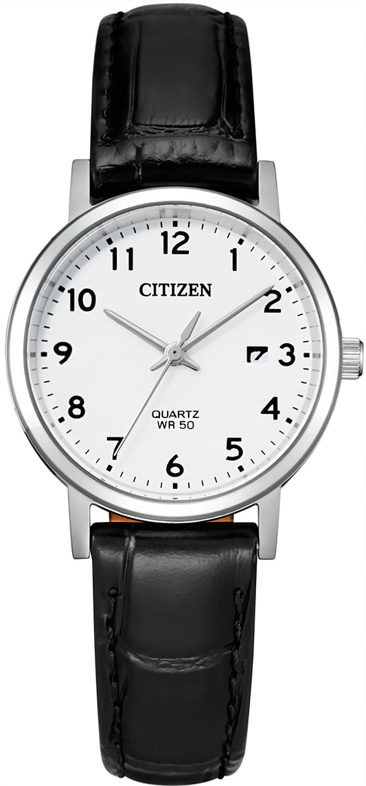 Damenarmbanduhr mit schwarzem Lederarmband, silbernem Gehäuse und weißem Zifferblatt (Citizen)
