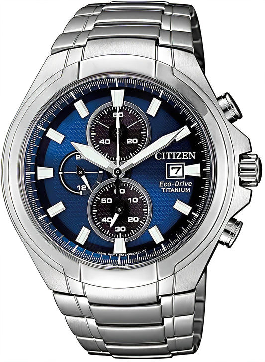 Citizen Herrenarmbanduhr mit blauem Zifferblatt, Chronographen-Drückern und Metallarmband