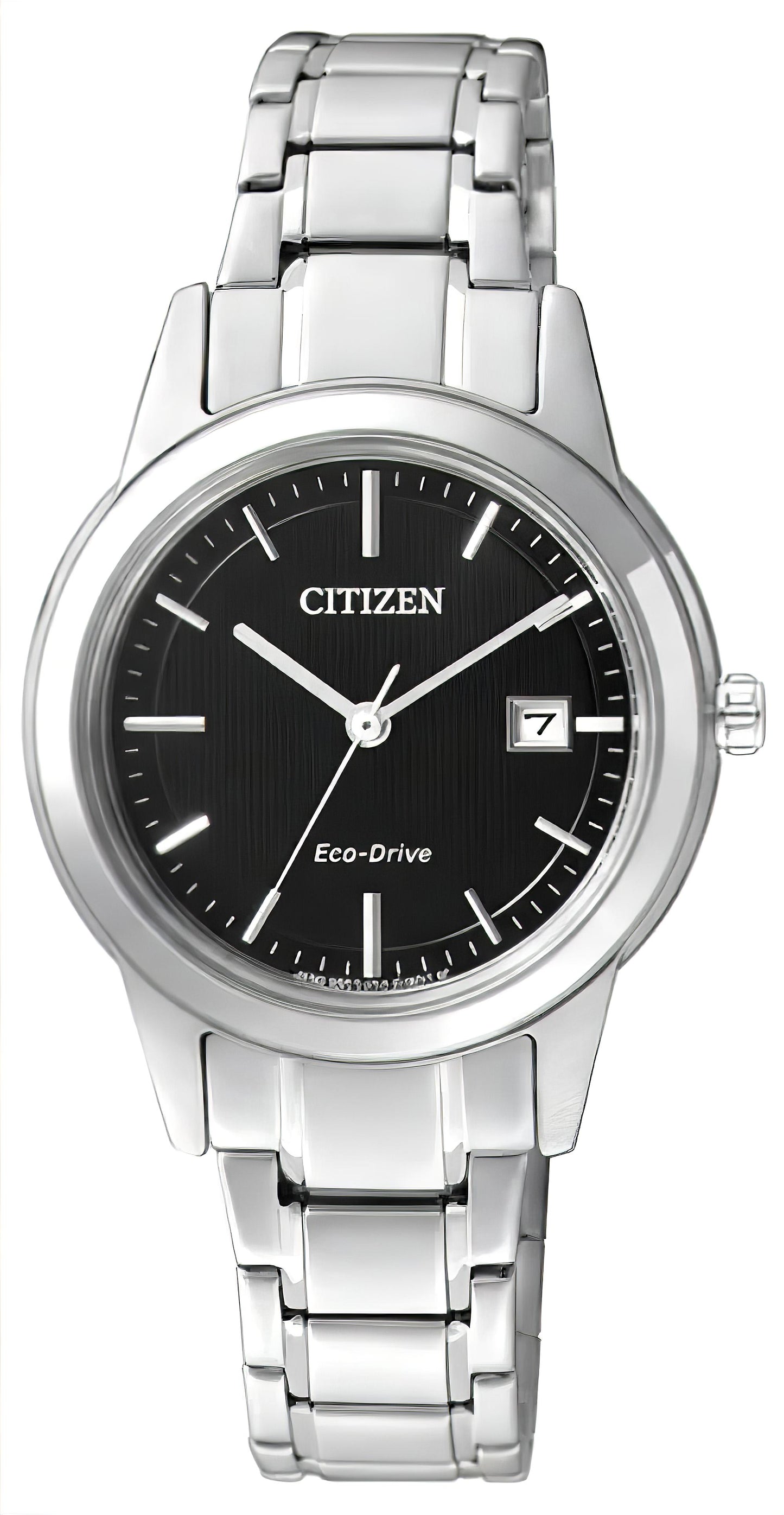 Damenuhr Citizen Eco-Drive mit Edelstahlband, schwarzem Zifferblatt und Datumsanzeige
