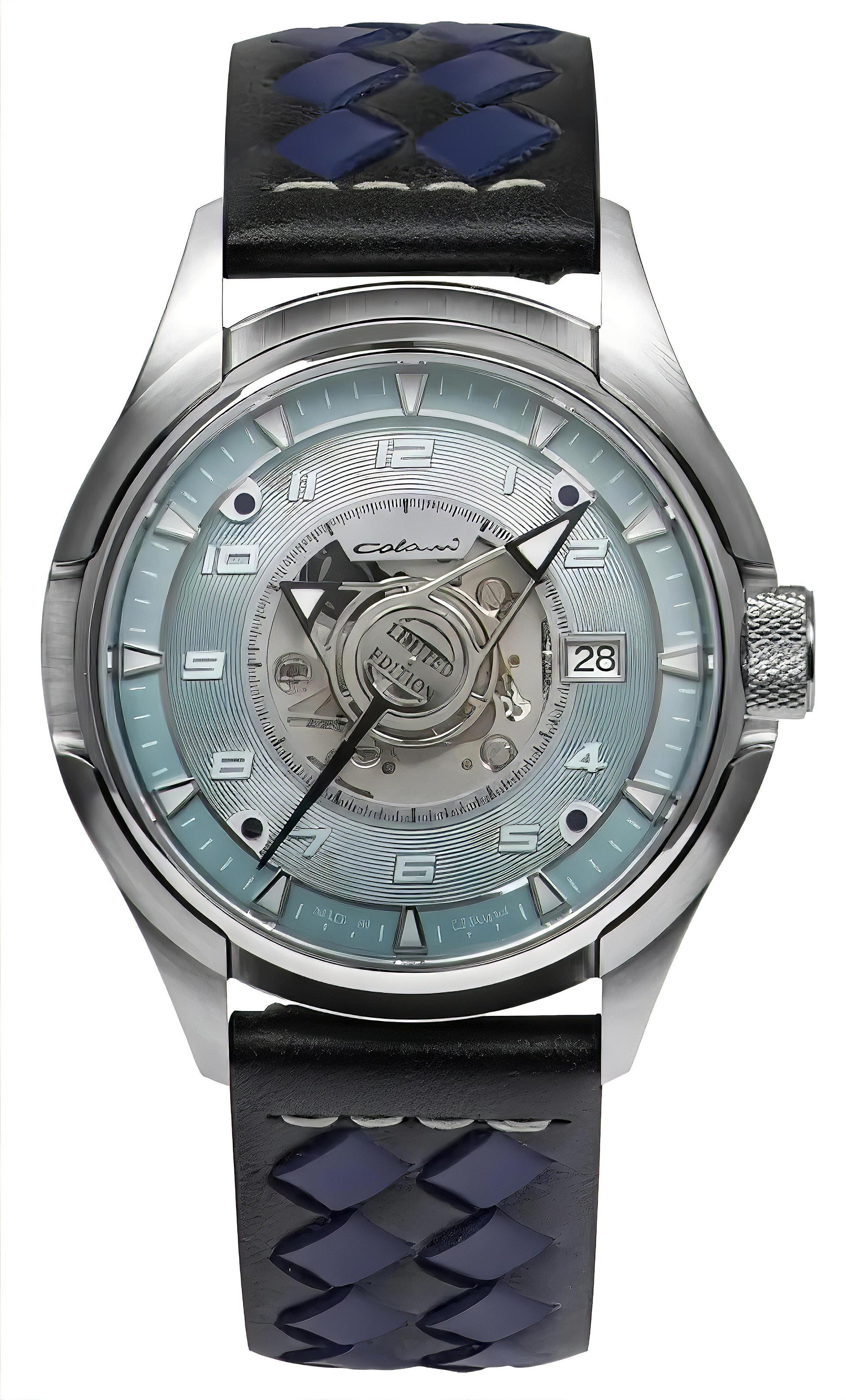 Colani 1372-3 Herrenuhr: silbernes Gehäuse, blaues Zifferblatt, Lederband schwarz mit blauen Nähten