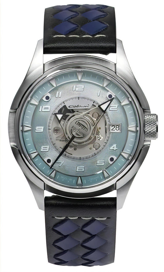 Colani 1372-3 Herrenuhr: silbernes Gehäuse, blaues Zifferblatt, Lederband schwarz mit blauen Nähten