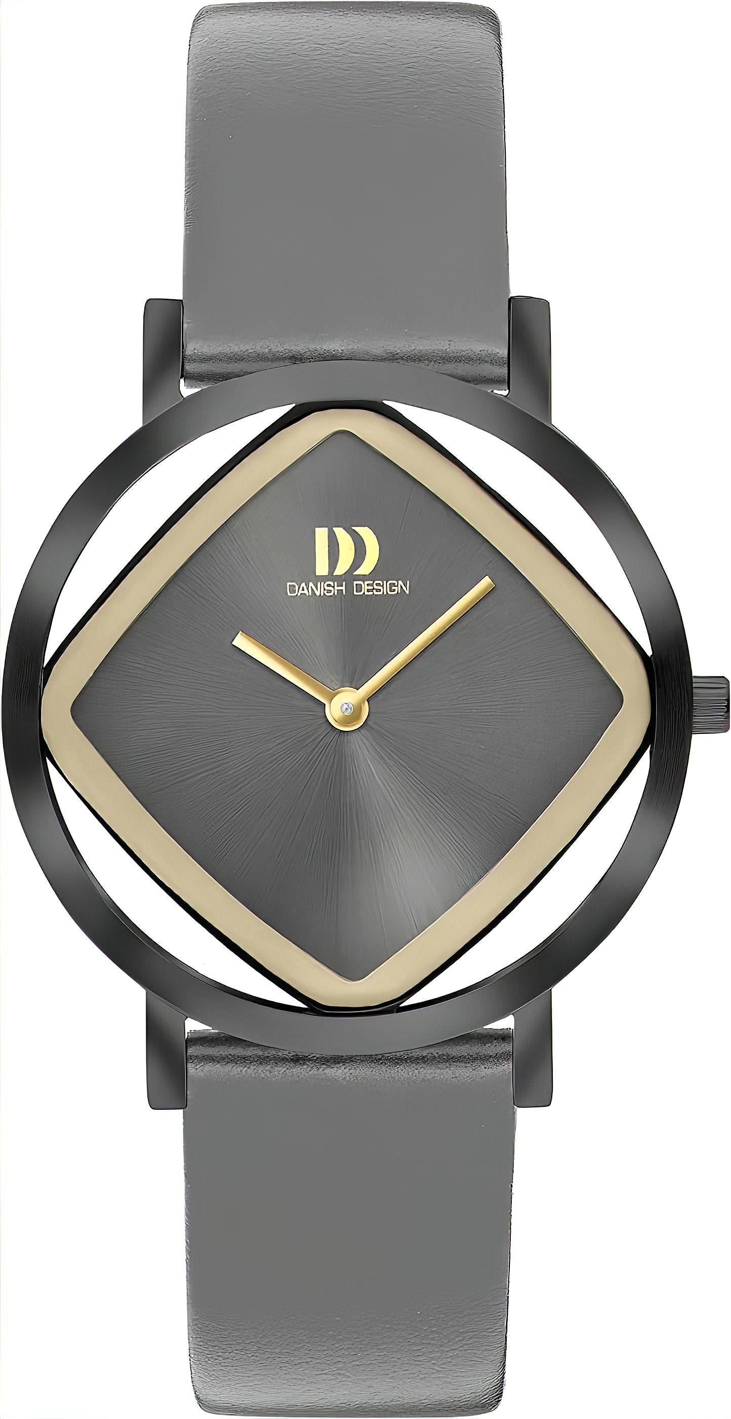 Danish Design Pico Damenuhr mit grauem Lederarmband, dunklem Zifferblatt und goldenen Zeigern