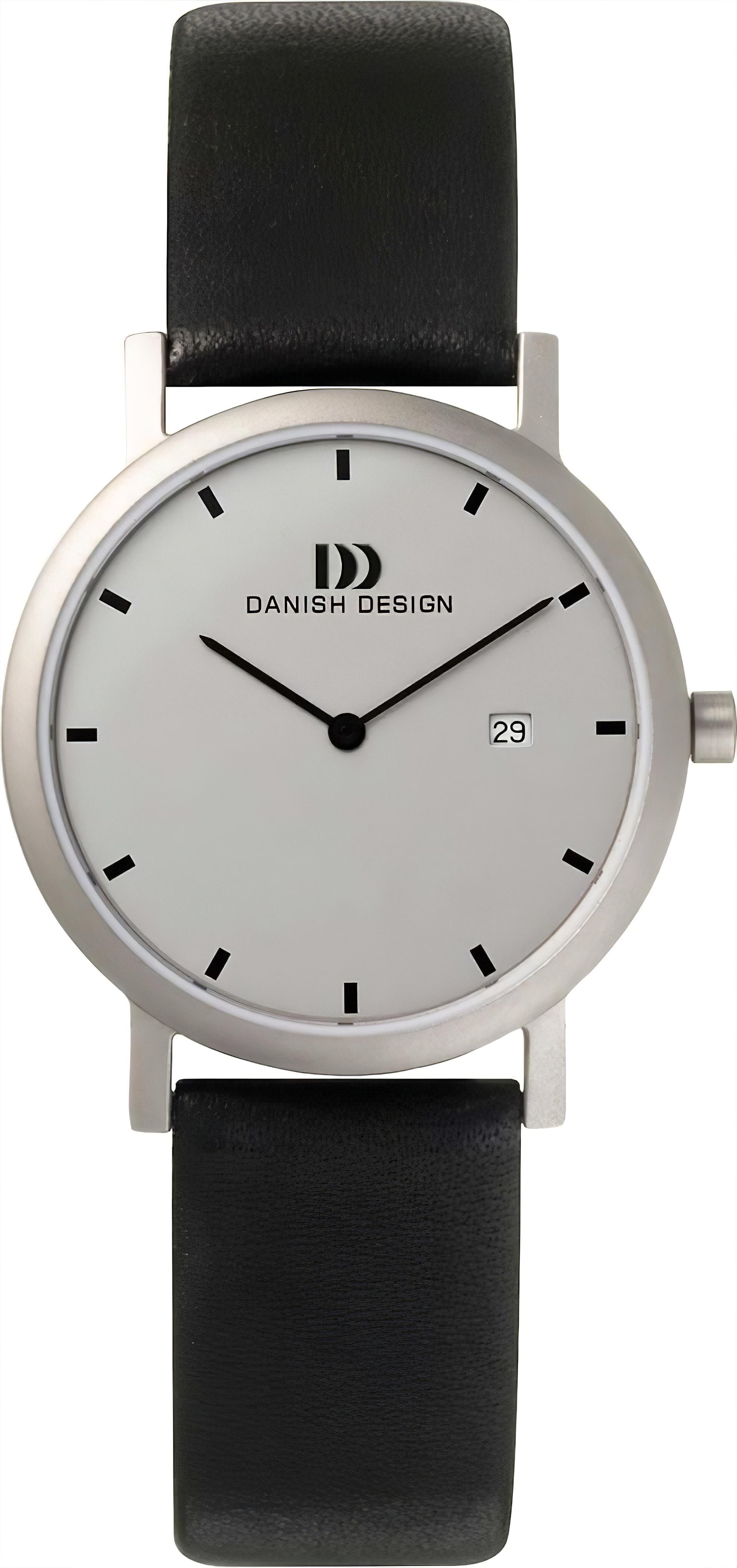 Damenuhr Danish Design mit schwarzem Lederarmband, silbernem Rundgehäuse und minimalem Zifferblatt