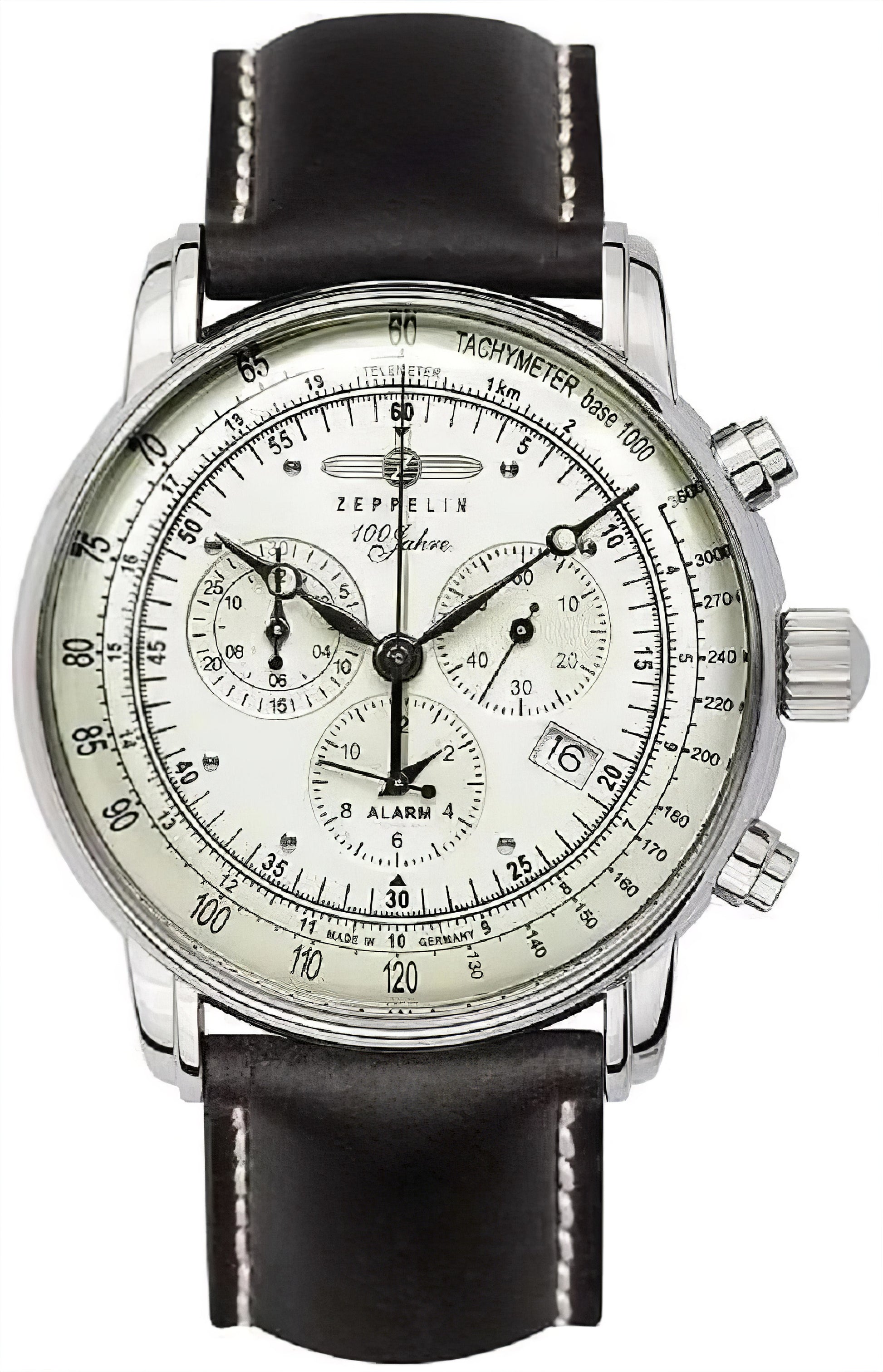 Herrenarmbanduhr mit schwarzem Lederband, silbernem Gehäuse und weißem Chronograph-Zifferblatt