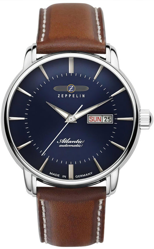 Herrenuhr Zeppelin Atlantic mit dunkelblauem Zifferblatt, braunem Lederband und Tages-/Datumsanzeige