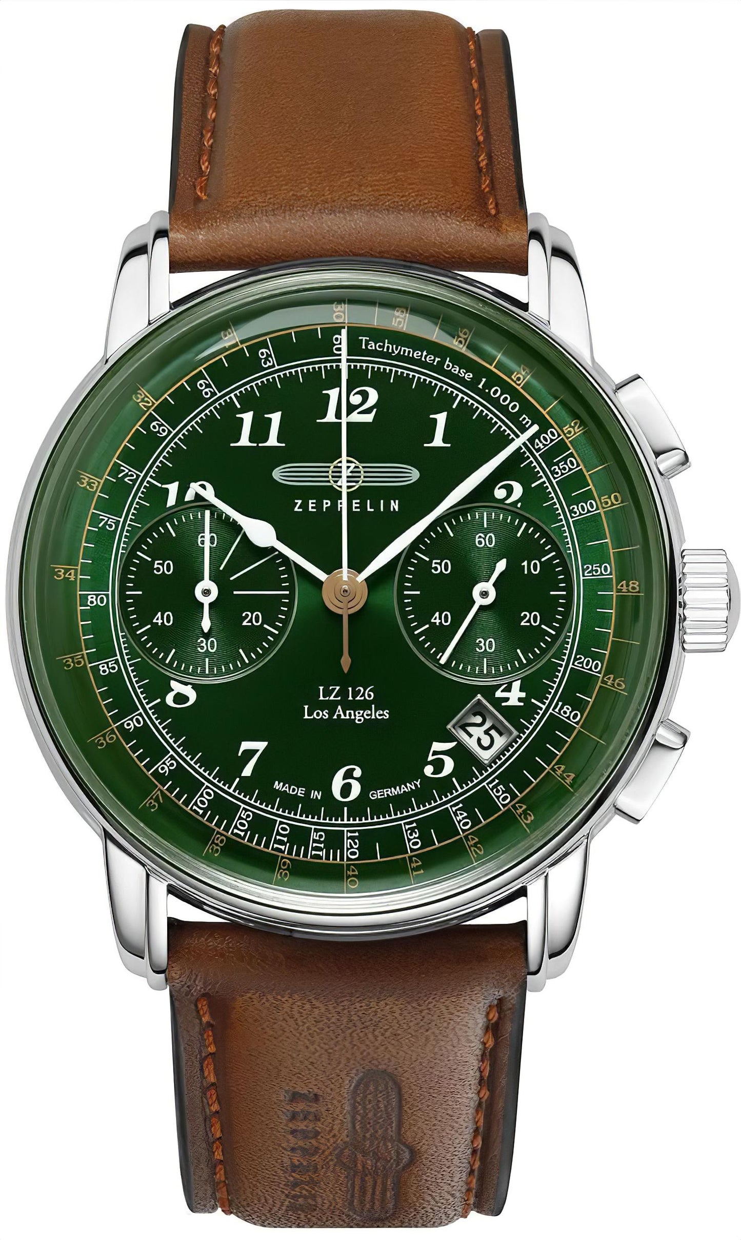 Herrenchronograph mit grünem Zifferblatt, silbernem Gehäuse und braunem Lederarmband