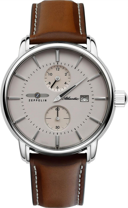 Zeppelin Herrenarmbanduhr mit braunem Lederband, silbernem Gehäuse und Regulator-Zifferblatt